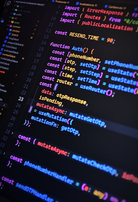 A computer screen displaying lines of colorful programming code in various colors such as purple, blue, yellow, and red, with syntax highlighting on a dark background. The code includes functions, var